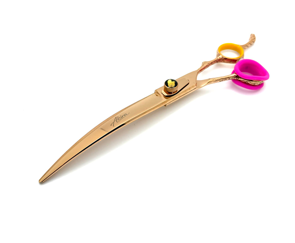 Akira Gold 7.5" Curve with Serrated Edge Dog Grooming Scissors - Right Handed