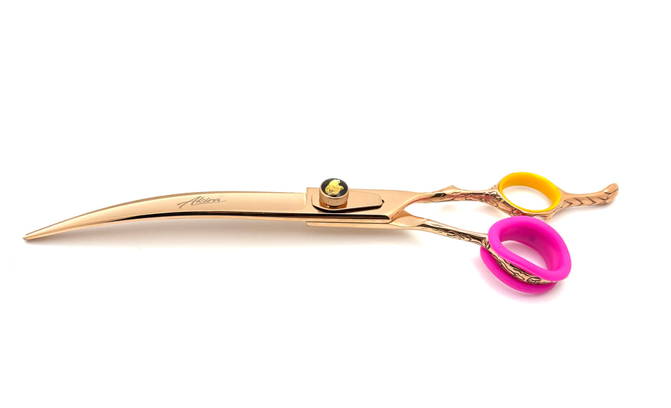 Akira Gold 7.5" Curve with Serrated Edge Dog Grooming Scissors - Right Handed