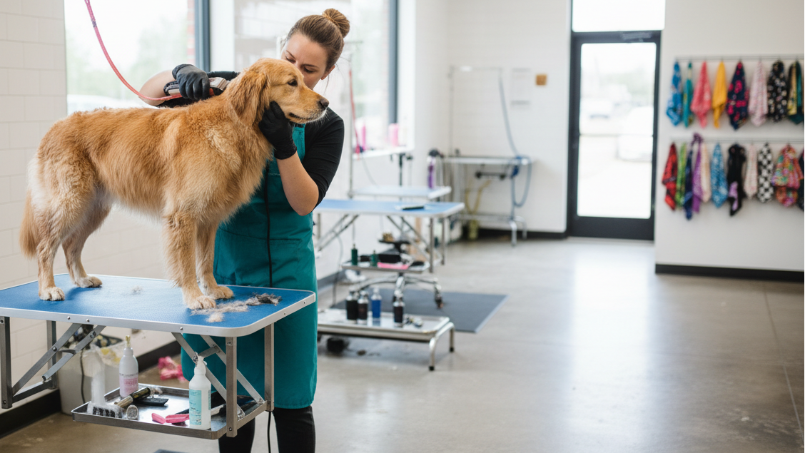 dog being groomed left hand side of the picture